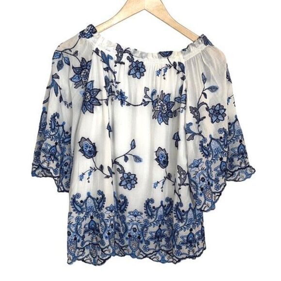 Parker Jillian EMBROIDERED Off the shoulder Scalloped Rayon Top Size Small - Picture 2 of 9